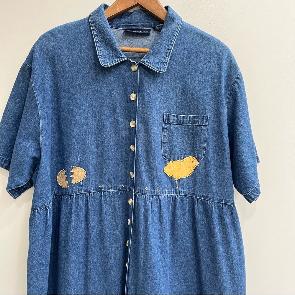 Vintage 90’s denim maxi jumper dress country chicken rooster patchwork appliqués - Picture 5 of 14